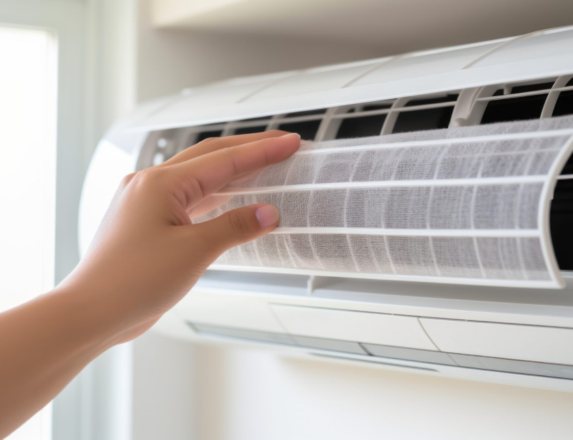 Maintenance concept with air filter being held for cleaning.
